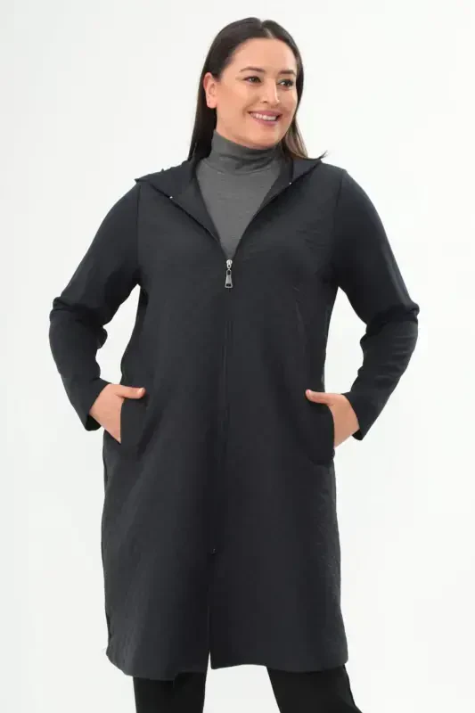 Angelino Plus Size Diamond Pattern Zippered Navy Blue Coat - 2