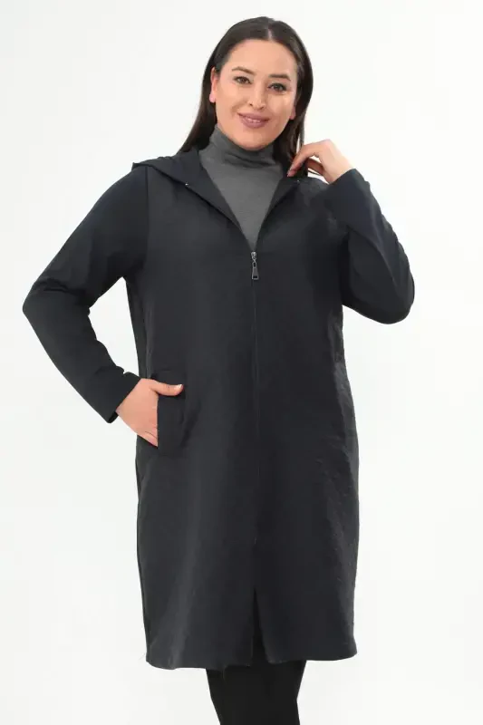 Angelino Plus Size Diamond Pattern Zippered Navy Blue Coat - 3