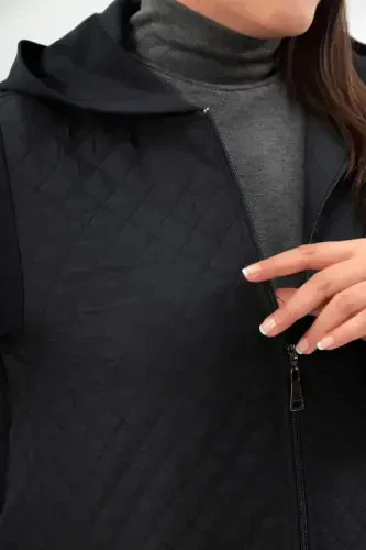 Angelino Plus Size Diamond Pattern Zippered Navy Blue Coat - 4