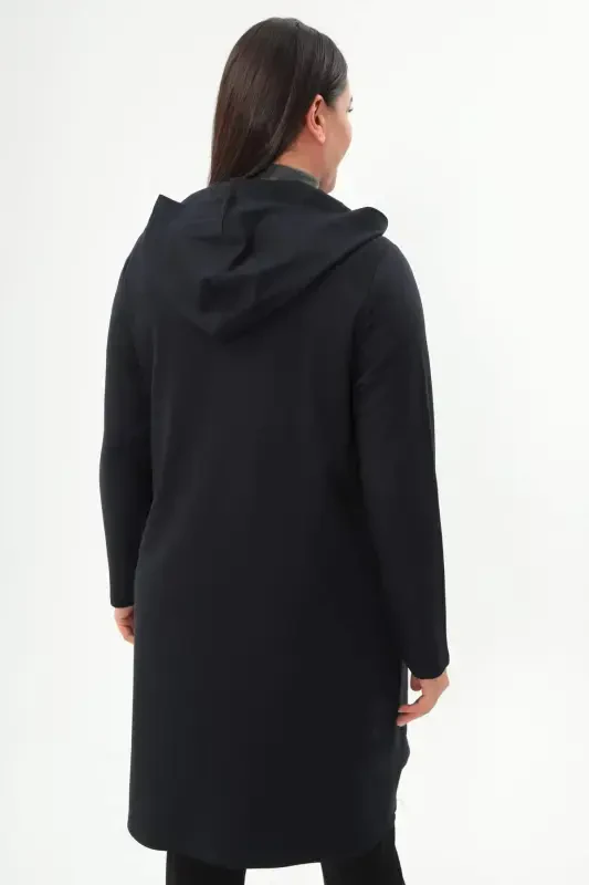 Angelino Plus Size Diamond Pattern Zippered Navy Blue Coat - 5