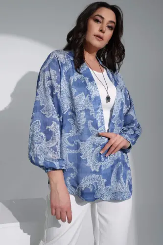 Angelino Plus Size Digital Printed Chiffon Blue Jacket - 3