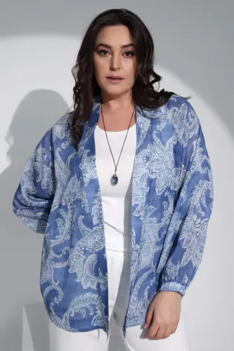Angelino Plus Size Digital Printed Chiffon Blue Jacket - 7