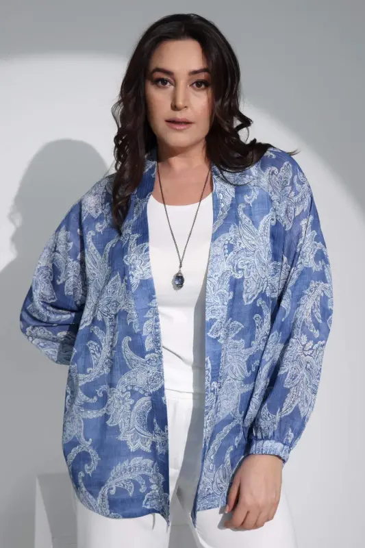 Angelino Plus Size Digital Printed Chiffon Blue Jacket - 7