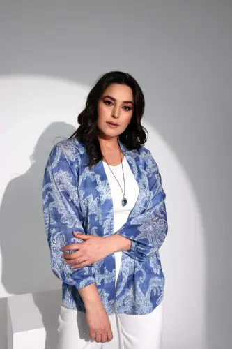 Angelino Plus Size Digital Printed Chiffon Blue Jacket - 9