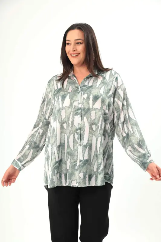 Angelino Plus Size Digital Printed Oversize Khaki Shirt - 10