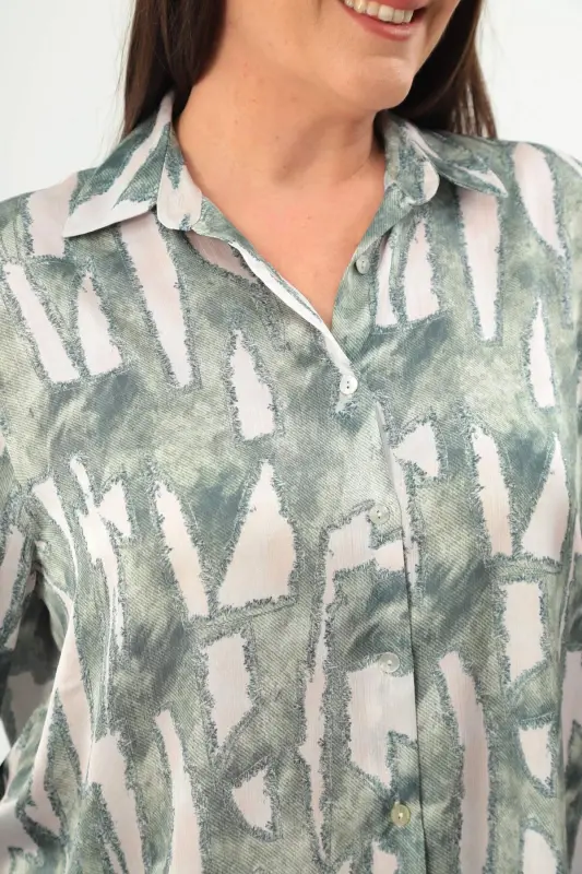 Angelino Plus Size Digital Printed Oversize Khaki Shirt - 9