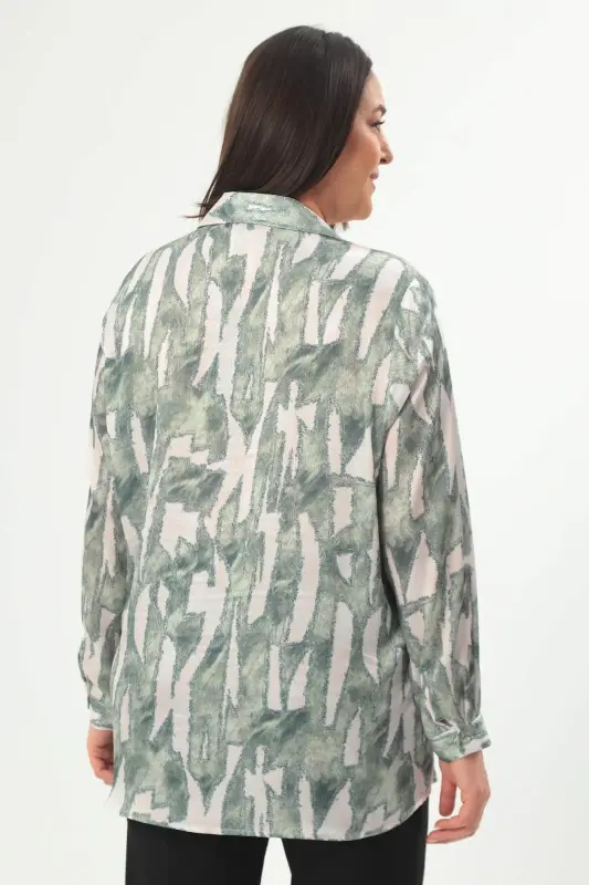 Angelino Plus Size Digital Printed Oversize Khaki Shirt - 3