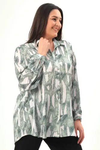 Angelino Plus Size Digital Printed Oversize Khaki Shirt - 4