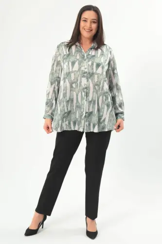 Angelino Plus Size Digital Printed Oversize Khaki Shirt - 5
