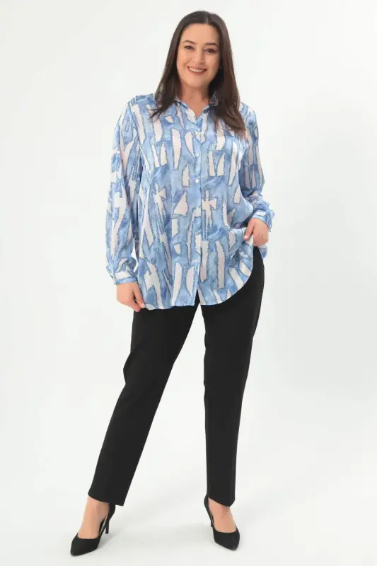 Angelino Plus Size Digital Printed Plus Size Blue Shirt - 2