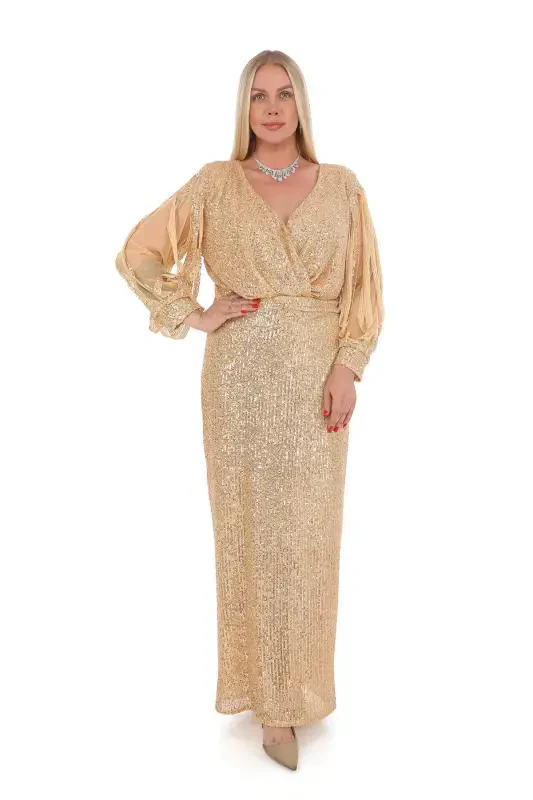 Angelino Plus Size Dress Long Fringe Sleeves Sequins Evening Golden KL8035 - 1