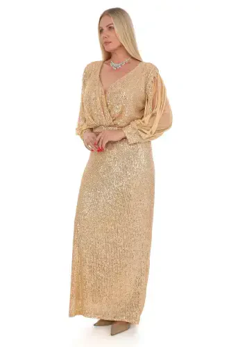 Angelino Plus Size Dress Long Fringe Sleeves Sequins Evening Golden KL8035 - BÜYÜKBEDENIZ (1)
