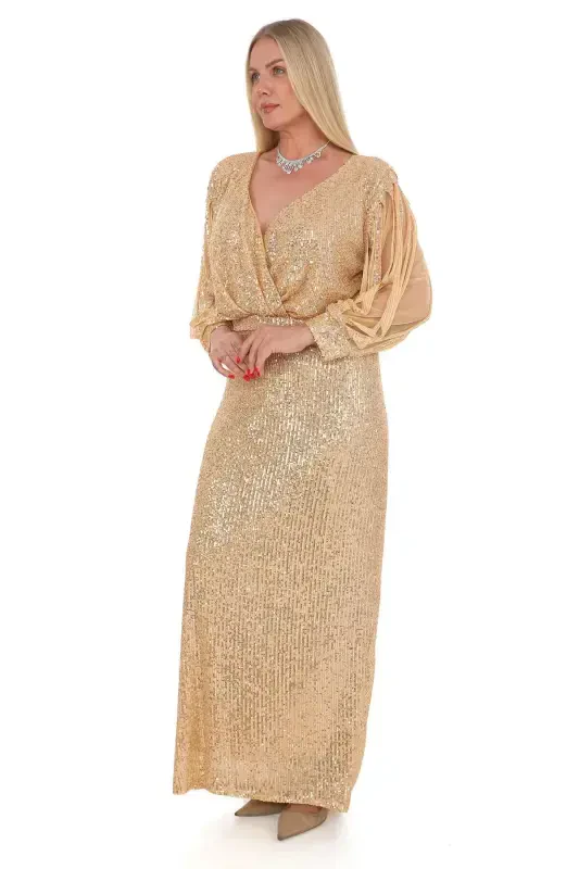 Angelino Plus Size Dress Long Fringe Sleeves Sequins Evening Golden KL8035 - 2