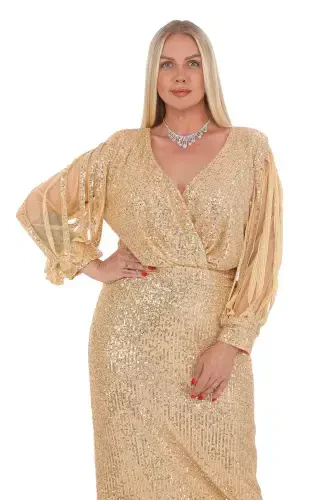 Angelino Plus Size Dress Long Fringe Sleeves Sequins Evening Golden KL8035 - 3