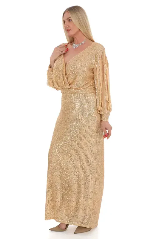Angelino Plus Size Dress Long Fringe Sleeves Sequins Evening Golden KL8035 - 4
