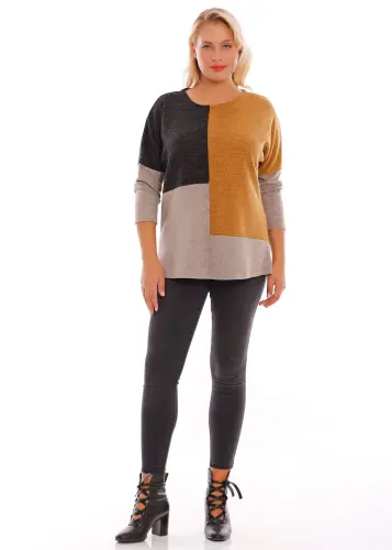 Angelino Plus Size Dropped Shoulder Asymmetric Cut Mustard Knit Blouse - 1