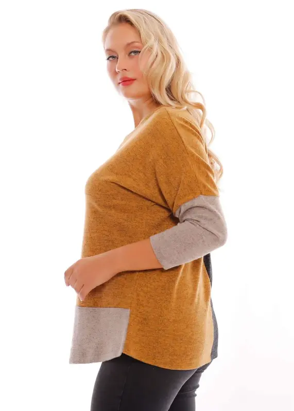 Angelino Plus Size Dropped Shoulder Asymmetric Cut Mustard Knit Blouse - 2