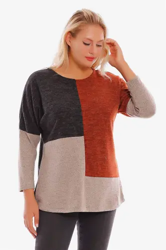 Angelino Plus Size Dropped Shoulder Asymmetrical Cut Terracotta Knit Blouse - 3