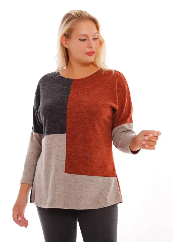 Angelino Plus Size Dropped Shoulder Asymmetrical Cut Terracotta Knit Blouse - 4