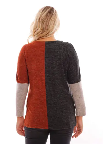 Angelino Plus Size Dropped Shoulder Asymmetrical Cut Terracotta Knit Blouse - 5