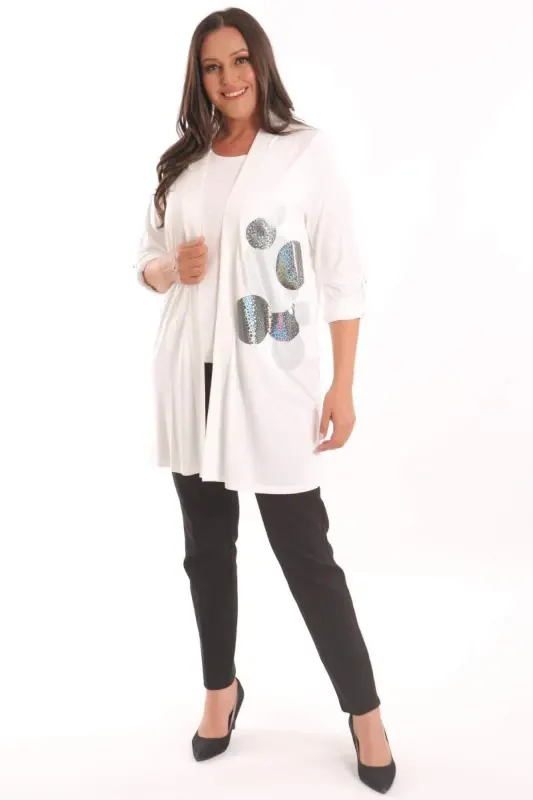 Angelino Plus Size Ecru Circle Pattern Stone Printed Long Cardigan - BÜYÜKBEDENIZ