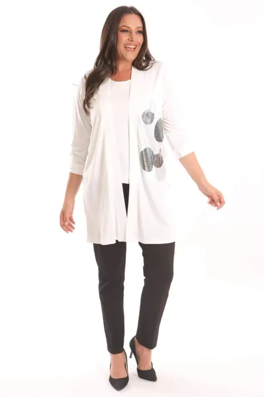 Angelino Plus Size Ecru Circle Pattern Stone Printed Long Cardigan - 3
