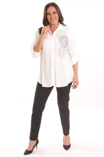 Angelino Plus Size Ecru Stone Printed Woven Shirt - 4