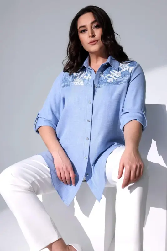 Angelino Plus Size Embroidered Blue Shirt - BÜYÜKBEDENIZ