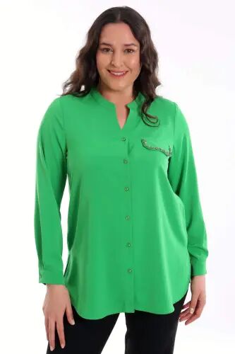 Angelino Plus Size Embroidered Pockets C-Neck Green Shirt - 1