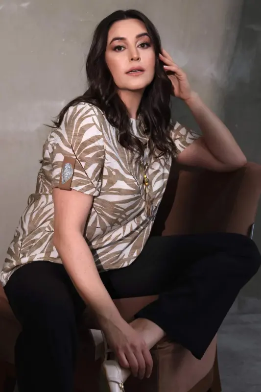 Angelino Plus Size Epaulette Stone Printed Leaf Patterned Mink Blouse - 2