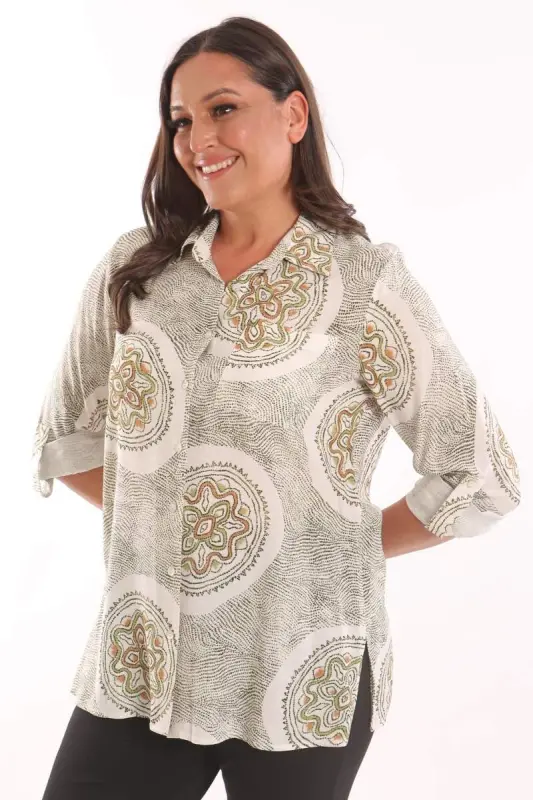 Angelino Plus Size Ethnic Pattern Green Shirt - BÜYÜKBEDENIZ