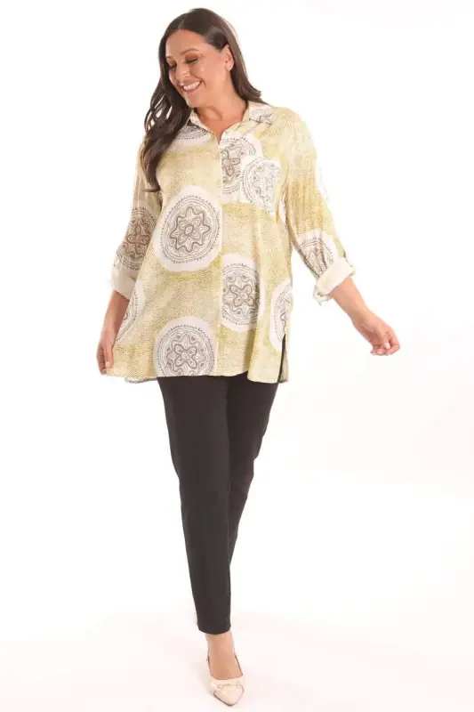 Angelino Plus Size Ethnic Pattern Mustard Shirt - 4
