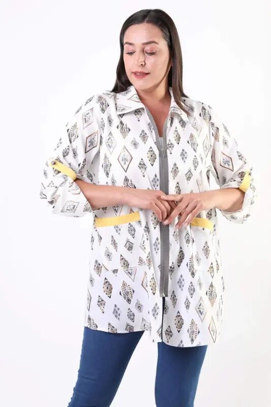 Angelino Plus Size Ethnic Patterned Zipped Anthracite Jacket - 5