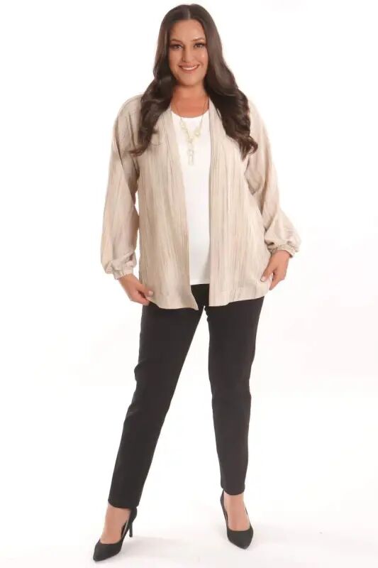 Angelino Plus Size Fabric Striped Cuffed Oversize Beige Jacket - 1