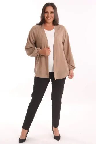 Angelino Plus Size Fabric Striped Cuffed Oversize Brown Jacket - 3
