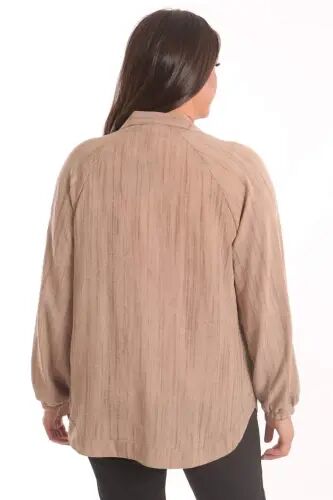 Angelino Plus Size Fabric Striped Cuffed Oversize Brown Jacket - 5