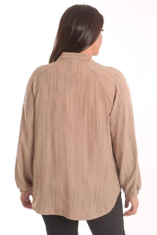 Angelino Plus Size Fabric Striped Cuffed Oversize Brown Jacket - 5