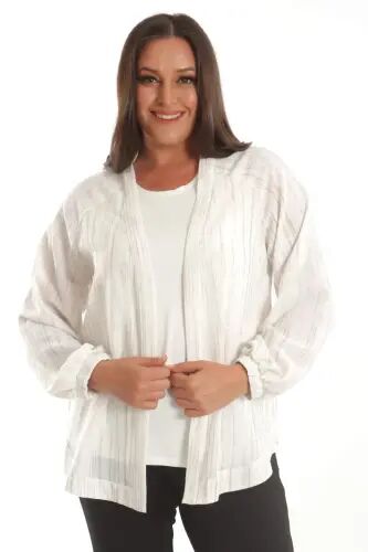 Angelino Plus Size Fabric Striped Cuffed Oversize Ecru Jacket - 4