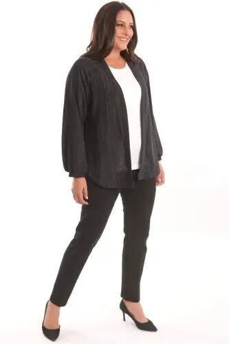 Angelino Plus Size Fabric Striped Cuffed Oversized Black Jacket - 1