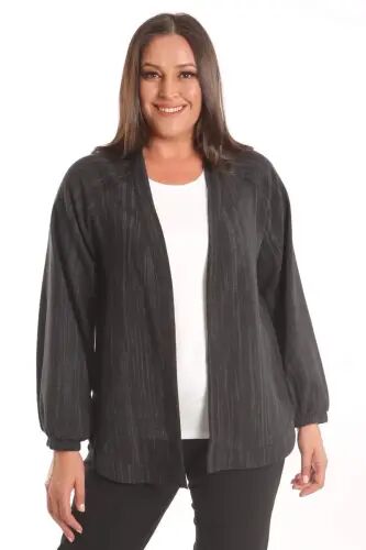 Angelino Plus Size Fabric Striped Cuffed Oversized Black Jacket - 2