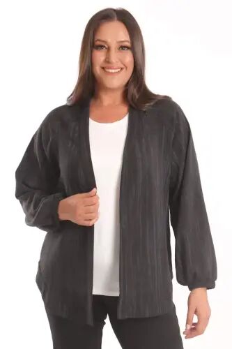 Angelino Plus Size Fabric Striped Cuffed Oversized Black Jacket - 4