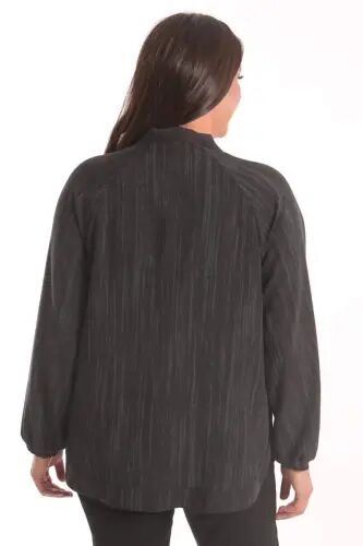 Angelino Plus Size Fabric Striped Cuffed Oversized Black Jacket - 5
