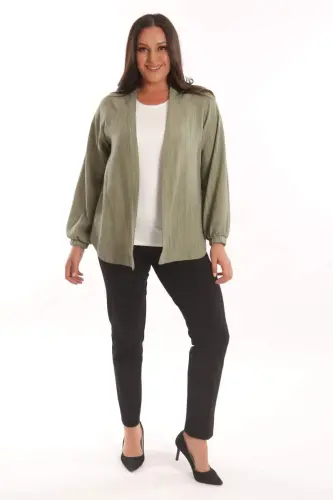 Angelino Plus Size Fabric Striped Cuffs Elastic Oversize Khaki Jacket - 1