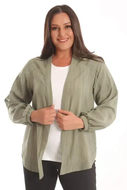 Angelino Plus Size Fabric Striped Cuffs Elastic Oversize Khaki Jacket - 2