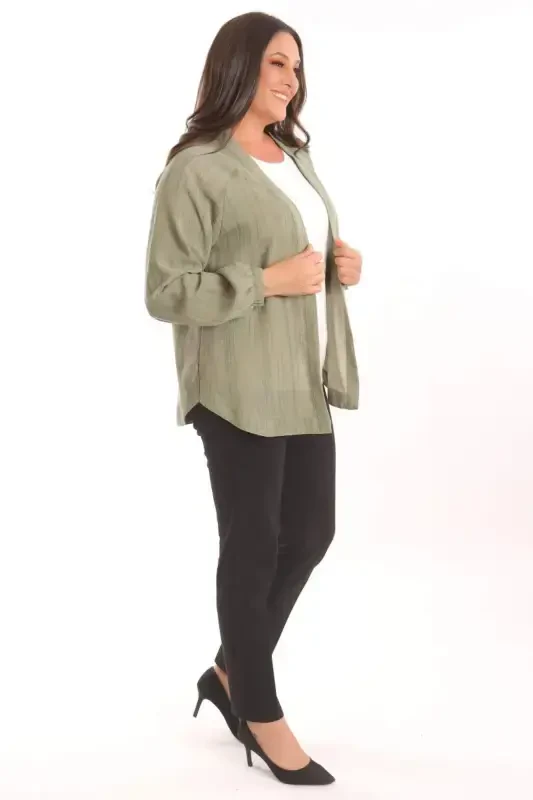 Angelino Plus Size Fabric Striped Cuffs Elastic Oversize Khaki Jacket - 3