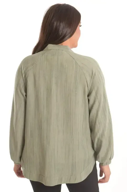 Angelino Plus Size Fabric Striped Cuffs Elastic Oversize Khaki Jacket - 5