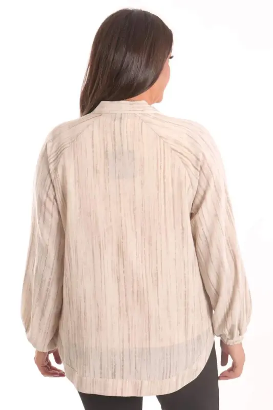 Angelino Plus Size Fabric Striped Elastic Cuffed Oversize Beige Jacket - 4