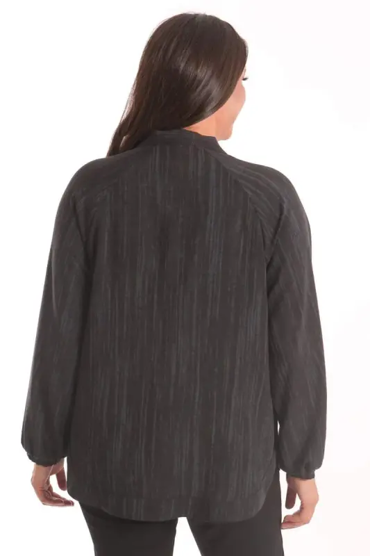 Angelino Plus Size Fabric Striped Elastic Cuffed Oversize Black Jacket - 5