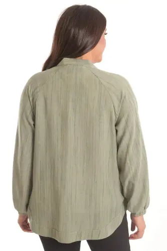 Angelino Plus Size Fabric Striped Elastic Cuffed Oversize Khaki Jacket - 5