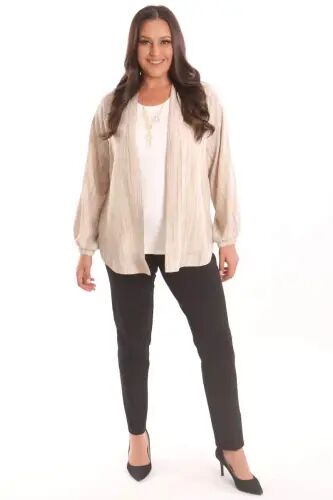 Angelino Plus Size Fabric Striped Cuffed Oversize Beige Jacket - 3